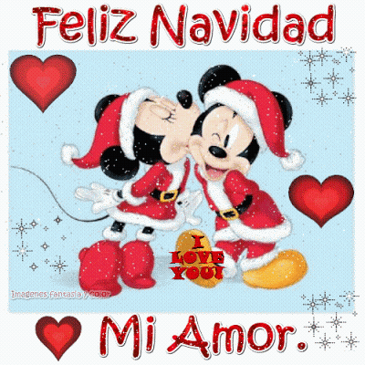 A Christmas Card With Mickey Mouse And Minnie Mouse Kissing And The Words Feliz Navidad Mi Amor GIF