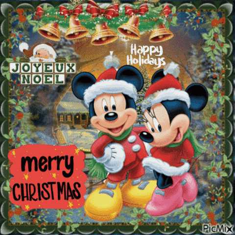 A Christmas Card With Mickey Mouse And Minnie Mouse Says Merry Christmas GIF