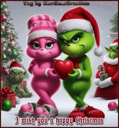 A Christmas Card With Pink And Green Characters Holding A Red Heart GIF
