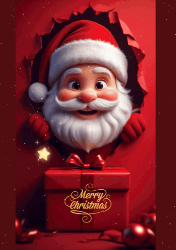 A Christmas Card With Santa Peeking Out Of A Hole And A Gift Box That Says Merry Christmas GIF