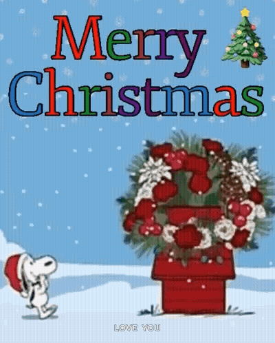 A Christmas Card With Snoopy And A Wreath And The Words Merry Christmas . GIF
