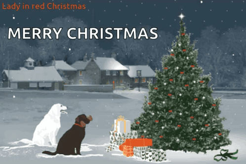 A Christmas Card With Two Dogs And A Christmas Tree GIF
