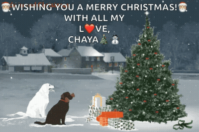 A Christmas Card With Two Dogs And A Christmas Tree GIF