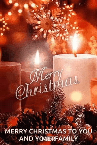 A Christmas Card With Two Lit Candles And The Words Merry Christmas To You And Yomerfamily GIF