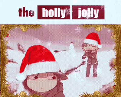 A Christmas Card With Two People Wearing Santa Hats GIF