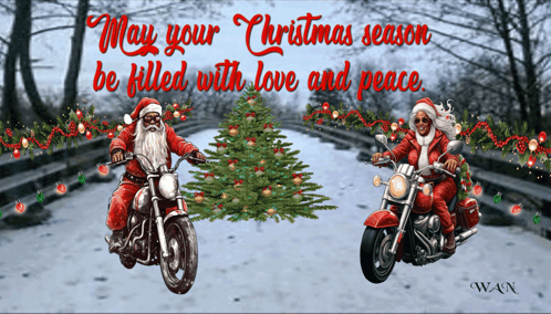 A Christmas Card With Two Santas On Motorcycles GIF