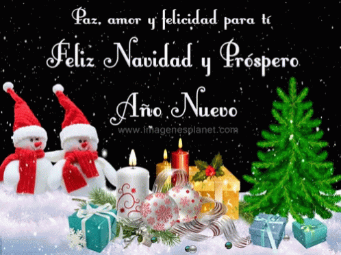 A Christmas Card With Two Snowmen Candles And Gifts GIF