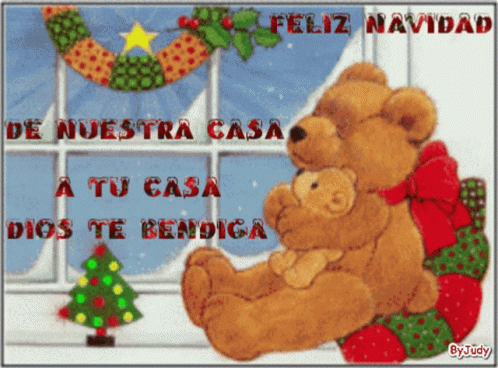 A Christmas Card With Two Teddy Bears Hugging Each Other GIF