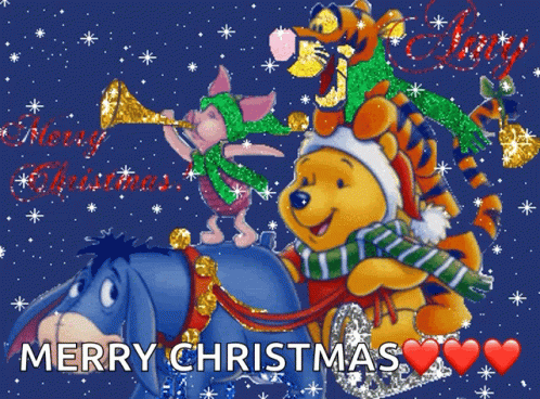 A Christmas Card With Winnie The Pooh Piglet Eeyore And Tigger Says Merry Christmas GIF