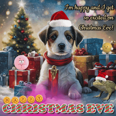 A Christmas Eve Card With A Dog Wearing A Santa Hat And Scarf GIF
