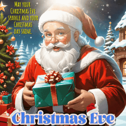 A Christmas Eve Greeting Card With Santa Holding A Present GIF