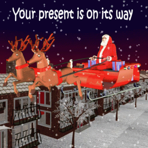 A Christmas Greeting Card Shows Santa In A Sleigh Pulled By Two Reindeer GIF