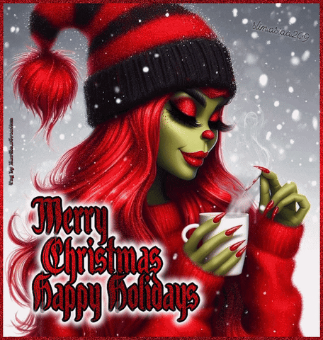 A Christmas Greeting Card With A Grinch Holding A Cup Of Hot Chocolate And The Words Merry Christmas Happy Holidays GIF