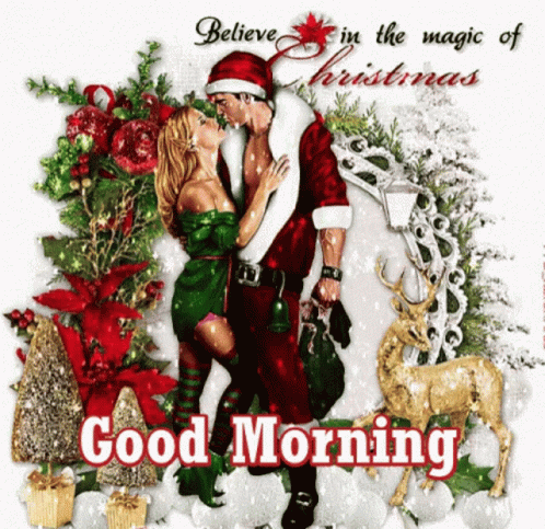 A Christmas Greeting Card With A Man And A Woman Kissing And The Words " Believe In The Magic Of Christmas " GIF
