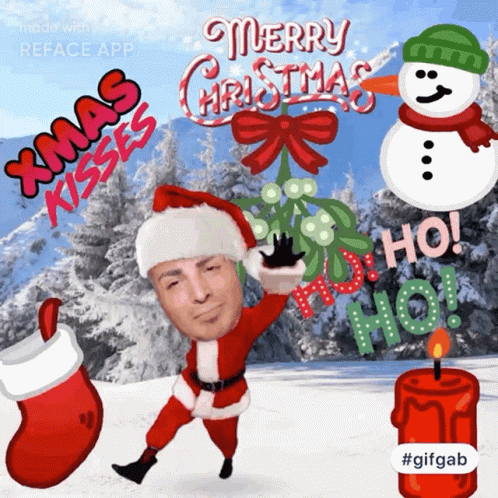 A Christmas Greeting Card With A Man In Santa Costume GIF