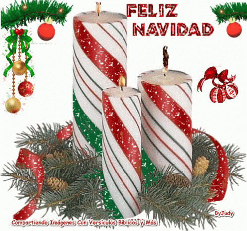 A Christmas Greeting Card With Candles And The Words Feliz Navidad GIF