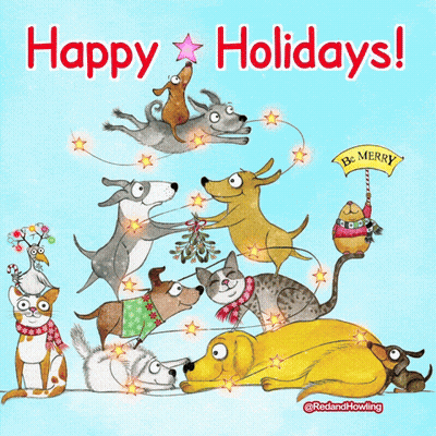 A Christmas Greeting Card With Dogs And Cats And The Words Happy Holidays GIF