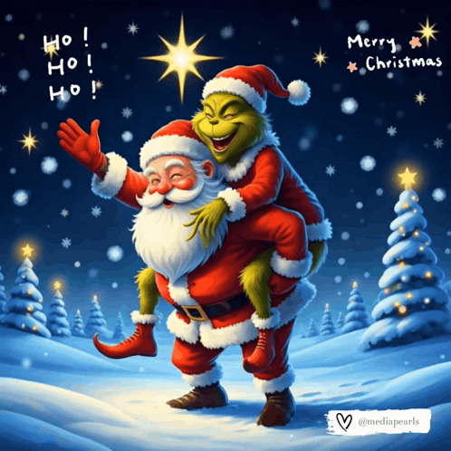 A Christmas Greeting Card With Grinch Carrying Santa Claus On His Back GIF