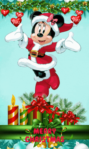 A Christmas Greeting Card With Minnie Mouse Wearing A Santa Outfit GIF