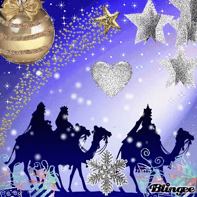 A Christmas Greeting Card With Three Wise Men Riding Camels GIF