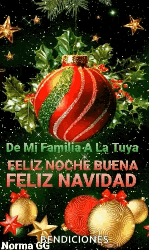 A Christmas Greeting In Spanish With A Christmas Ornament GIF