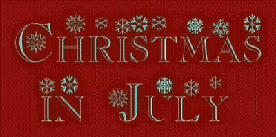 A Christmas In July Sign With Snowflakes On A Red Background GIF