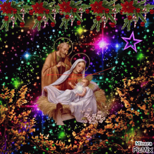 A Christmas Nativity Scene With A Star And Candy Canes GIF