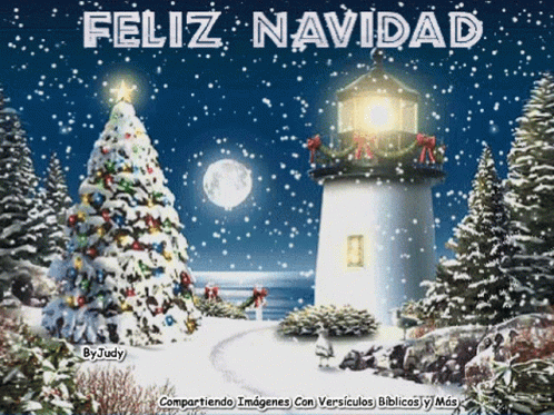 A Christmas Scene With A Lighthouse And A Christmas Tree And The Words Feliz Navidad GIF