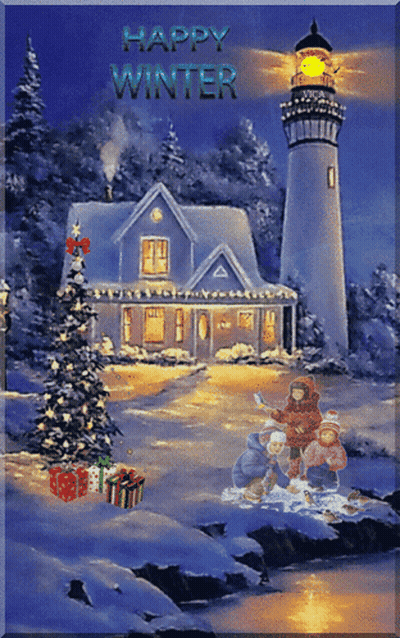 A Christmas Scene With A Lighthouse And The Words Happy Winter On The Bottom GIF