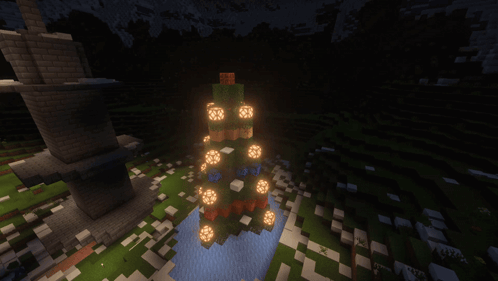 A Christmas Tree In A Minecraft World Is Lit Up GIF