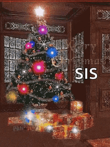 A Christmas Tree In A Room With The Word Sis Written On It GIF