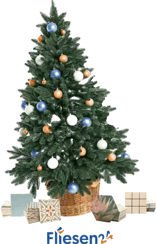 A Christmas Tree Is Decorated With Blue And Orange Ornaments And Fliesen24 Is Written Below It Sticker