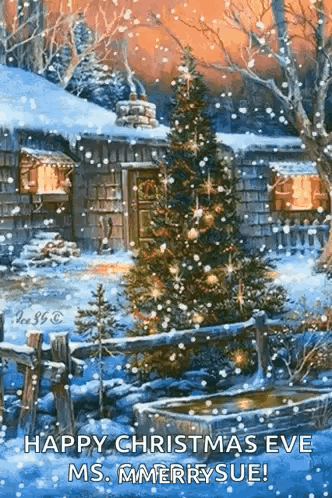 A Christmas Tree Is In The Snow In Front Of A House . GIF