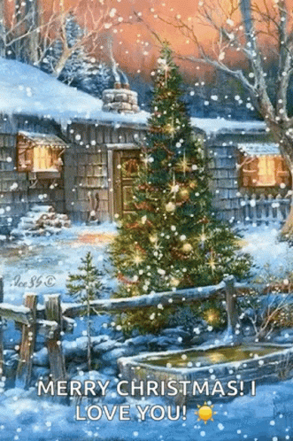 A Christmas Tree Is Sitting In The Snow In Front Of A Cabin . GIF