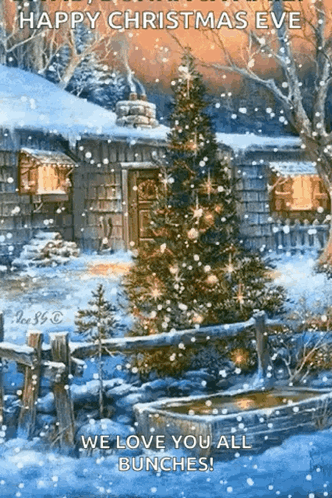 A Christmas Tree Is Sitting In The Snow In Front Of A House . GIF