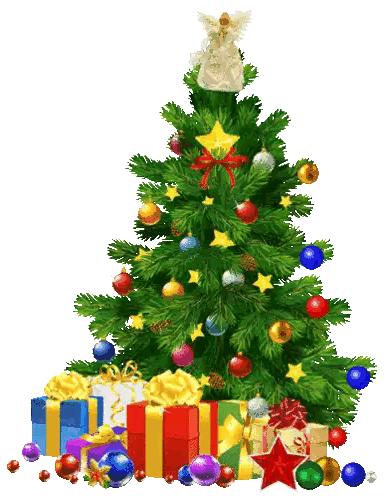 A Christmas Tree Surrounded By Presents And Decorations With A White Angel On Top Sticker