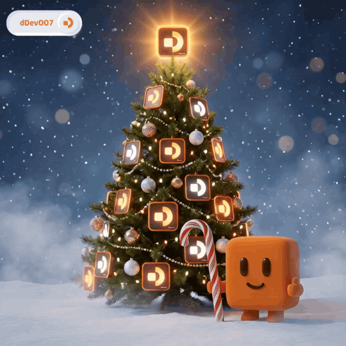 A Christmas Tree With A Candy Cane In Front Of It And A Sticker That Says Ddev007 GIF