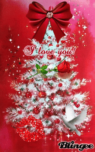 A Christmas Tree With A Red Rose And The Words I Love You On It GIF