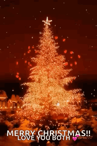 A Christmas Tree With A Star On Top Is Lit Up At Night . GIF