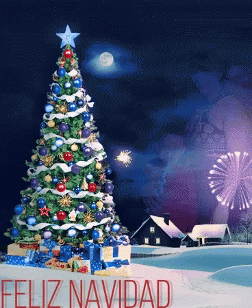 A Christmas Tree With A Star On Top Of It And The Words Feliz Navidad GIF