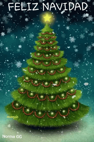 A Christmas Tree With A Star On Top Of It And The Words Feliz Navidad Below It GIF