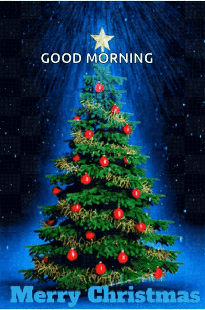 A Christmas Tree With A Star On Top Of It And The Words Good Morning Merry Christmas Below It GIF