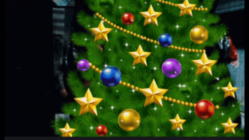 A Christmas Tree With Balls Stars And Beads On It GIF