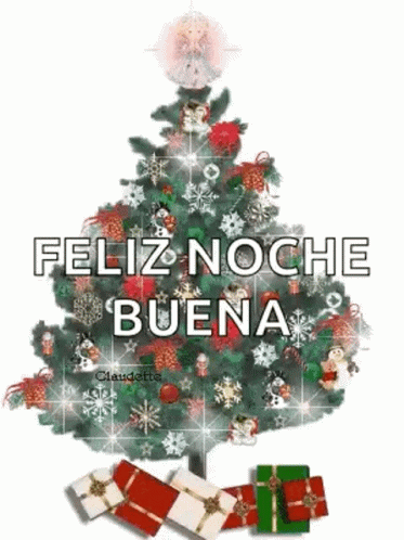A Christmas Tree With Gifts Underneath It And The Words `` Feliz Noche Buena '' In Spanish . GIF