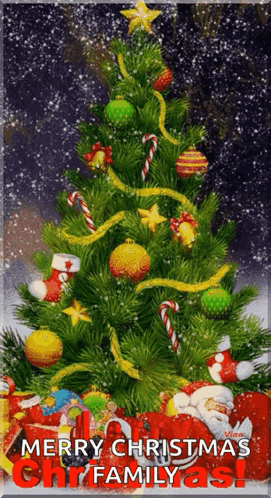A Christmas Tree With Gifts Underneath It And The Words Merry Christmas Family GIF