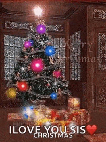 A Christmas Tree With Gifts Underneath It In A Living Room With The Words `` I Love You Sis Christmas '' . GIF