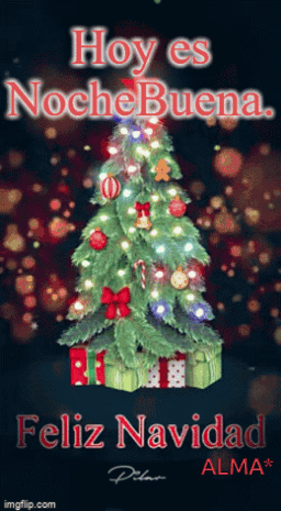 A Christmas Tree With Presents Underneath It And The Words Hoy Es Nochebuena Feliz Navidad GIF