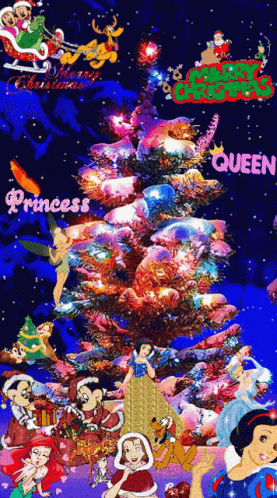 A Christmas Tree With Princess Queen And Mickey Mouse On It GIF