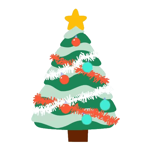 A Christmas Tree With Red And Blue Ornaments And A Star On Top Sticker