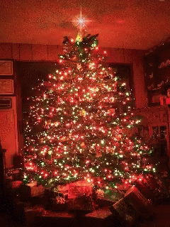 a christmas tree with red and green lights and a star on top of it